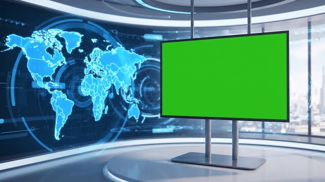 Virtual News Studio Backdrop with Green Screen TV Display and Digital World Map Interface for Broadcast Presentation