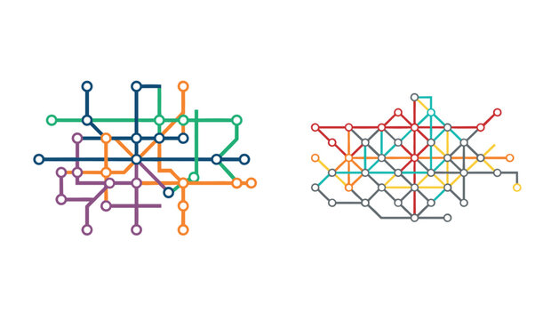 Two colorful transit maps showing complicated subway networks with intersecting lines, stations, and routes on a white background.