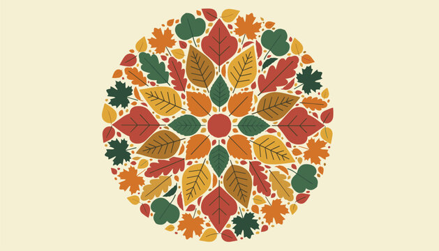 Decorative autumn leaves mandala arranged in a beautiful circular pattern with rich colors of orange, red, yellow, and green.