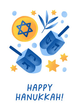Happy Hanukkah greeting card with Jewish holiday symbols. Hanuka poster design with spinning tops, dreidel toys, festive Hebrew star of David. Flat vector illustration isolated on white background