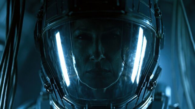 Extreme close-up of an astronaut helmet with reflective visor in blue lighting