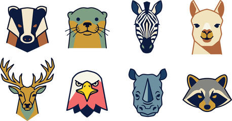 Naklejka premium Geometric Animal Head Vector Logo Set Featuring Stylized Badger Otter Zebra Alpaca Deer Eagle Rhino and Raccoon Icons for Corporate and Sports Branding