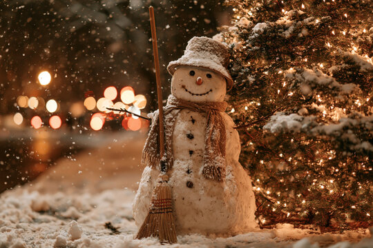 Snowman with broom stands near the Christmas tree during winter time
