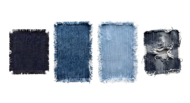 Ripped and frayed denim fabric patches with distressed jeans texture