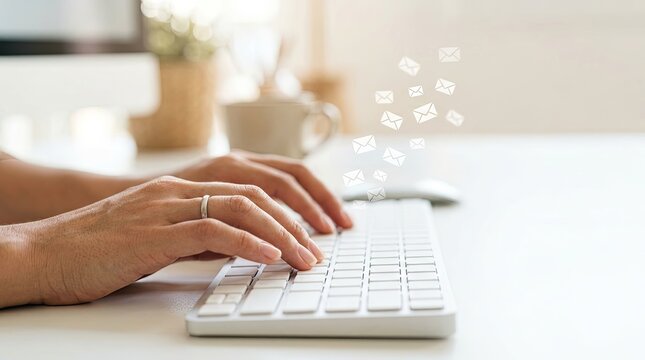 Business person hands typing on a white keyboard with digital email notification icons