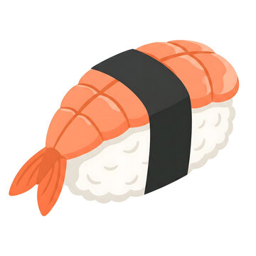Stylized illustration of a single piece of ebi shrimp nigiri sushi bound with nori seaweed
