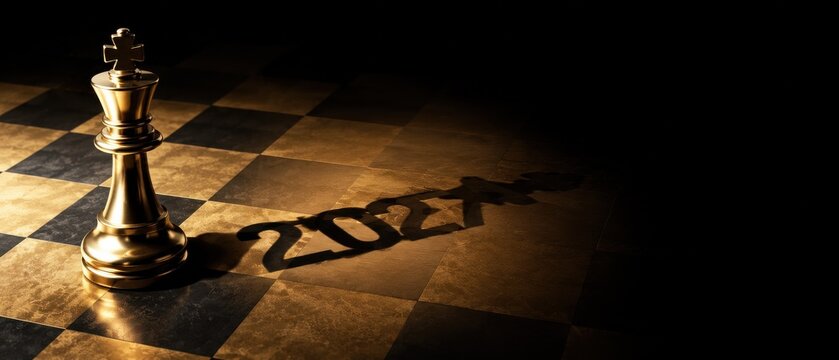 Golden chess king with 2027 shadow on checkered board
