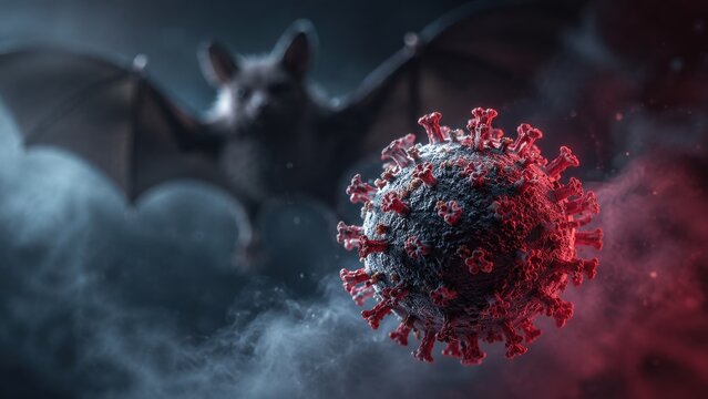 Virus particle with bat in dark mist