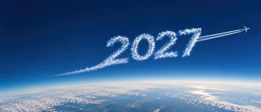 Airplane writes 2027 in the sky above Earth