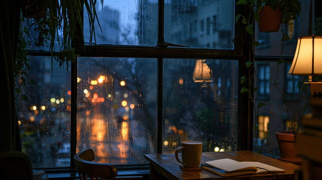 View of a loft cafe interior at night with rain on the window