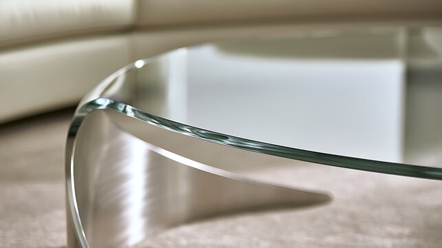 Modern minimalist coffee table with glass top and metallic base.