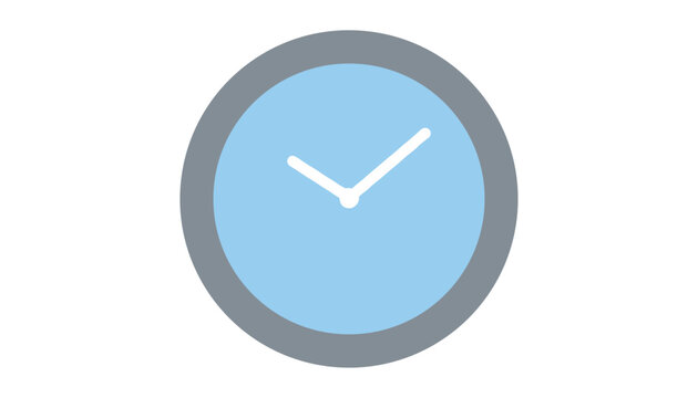 Simple blue wall clock with a grey frame displays the time ten minutes past ten on a plain white background.