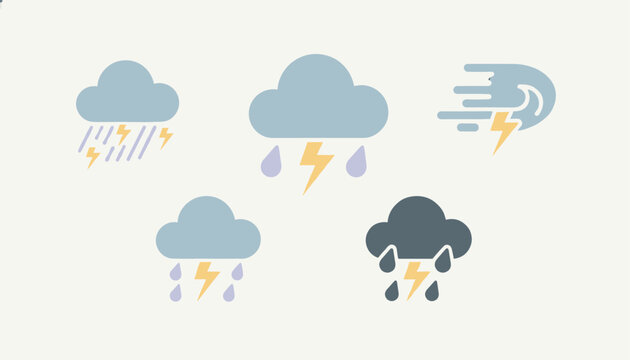 Weather storm icons collection displaying clouds with heavy rain, lightning bolts, high wind, and crescent moon symbols.