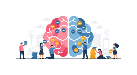 Fototapeta premium Flat vector illustration of diverse people adding skill tokens to a large human brain. Concept for learning, upskilling, and cognitive development.