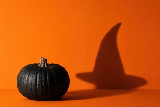 Black Pumpkin Casting Witch Hat Shadow on Orange Halloween Background