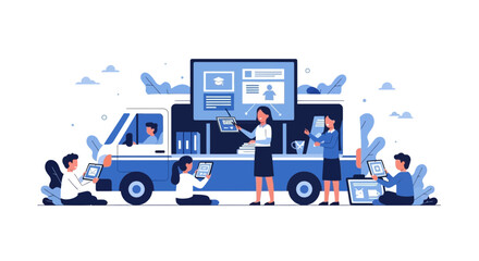 Fototapeta premium Mobile Education Van Illustration with Students and Teacher Using Digital Tablets for Remote Learning