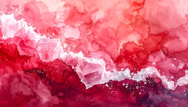 Watercolor salt texture on rich crimson wash creating organic unpredictable panoramic mood generative AI