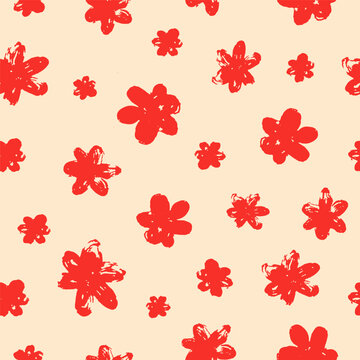 Seamless flowers, abstract floral pattern. Endless background with hand-drawn brushstroke daisies. Repeating print, summer garden texture in doodle style. Flat vector illustration for textile design