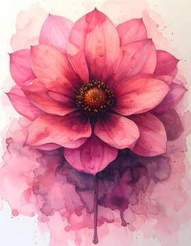 Watercolor bloom flower effect with water dropped into pigment creating symmetrical pale halo generative AI
