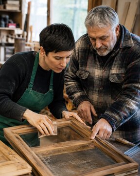 Craftspeople sanding a wooden frame in a workshop