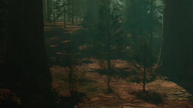 Tall trees stand in a quiet forest. Smaller plants grow near the ground. The setting captures a moment with low light filtering through the branches. It is early morning.