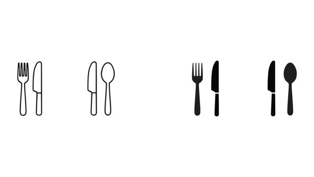 Set of cutlery icons, fork, knife and spoon, linear and solid vector illustrations, dining utensils for restaurant menu or food service design