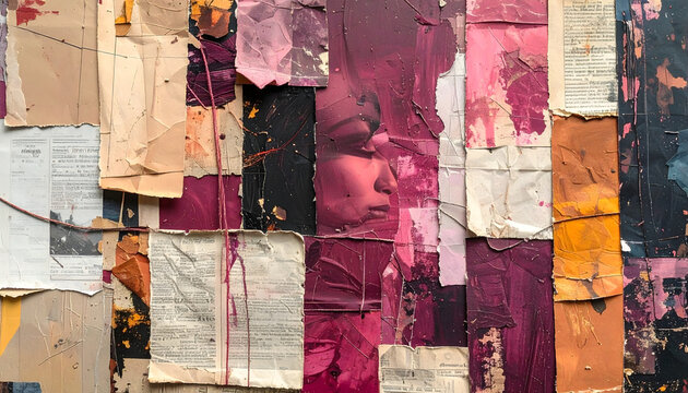 Mixed media collage torn newspaper painted scraps creating raw analog craft wine mood generative AI