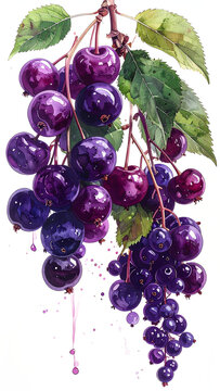 Dornfelder tall watercolor dark cherries elderberries creating inky purple rich granulation dramatic depth generative AI