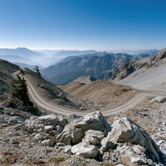 Naklejka premium Mountain range rocky path winding road blue sky rugged terrain panoramic view outdoor adventure nature landscape. winding rocky path cuts through