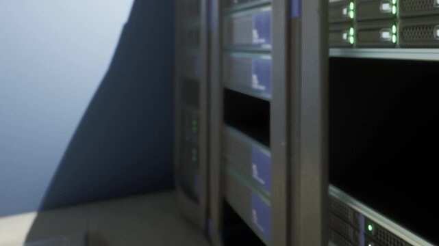 A room contains several data servers stacked in a row. The servers show green lights indicating activity. The setting has a clean and organized look with natural light from a window.