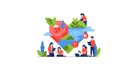Fototapeta premium People Collaborating for Environmental Protection and Sustainability in Heart Shape Illustration