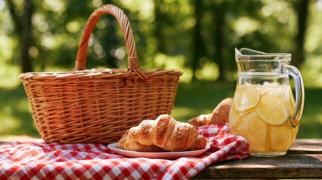 Summer outdoor picnic setup with wicker basket fresh croissant on plate and glass pitcher of lemon ice water on red checkered cloth in green park sunlight