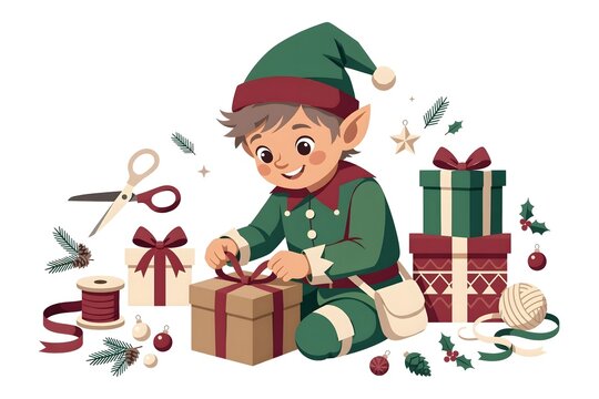 Cute Christmas elf sitting on the floor, wrapping festive presents with ribbon, scissors, ornaments, and craft supplies. Flat holiday illustration isolated on white for seasonal designs