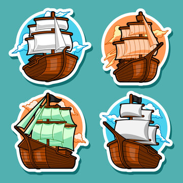 Vintage Wooden Ship, Sailing Ship, Water Transportation, Sticker and Cartoon Design