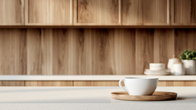 White ceramic cup on wooden tray sits on modern white quartz kitchen counter, warm sunlight, minimalist style, cozy morning atmosphere