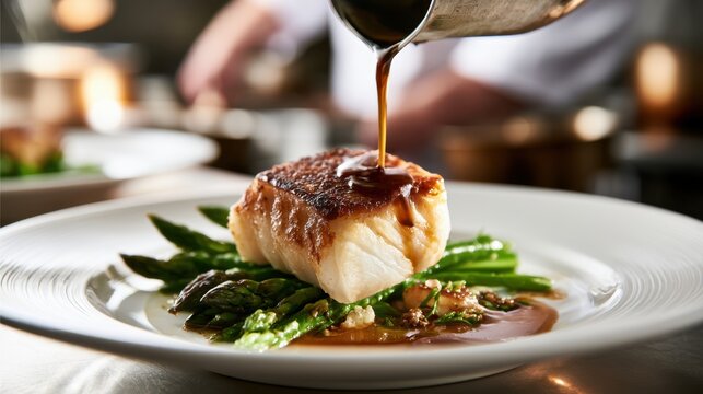 Gourmet seared white fish fillet served on fresh green asparagus with rich brown sauce being poured in professional restaurant kitchen setting
