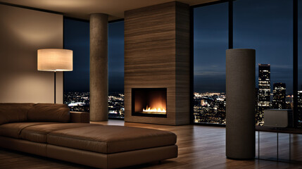 Naklejka premium Modern apartment living room with city view, brown leather sofa, fireplace, floor lamp, wood floor, night ambiance, cozy atmosphere