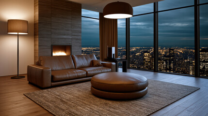 Naklejka premium Modern high rise apartment living room with brown leather sofa, round ottoman, fireplace, city view, cozy evening ambiance