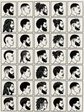 Collection of Men's Hairstyles and Beard Styles Vector Illustrations for Barber Shop Grooming Guide