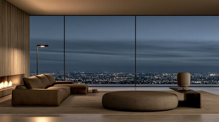 Naklejka premium Modern living room with panoramic city view, cozy sofa, round ottoman, fireplace, floor lamp, and minimalist decor at night