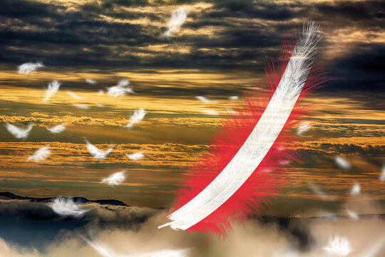 3D illustration. Flag of Austria on a feathers fluttering in the sky background.