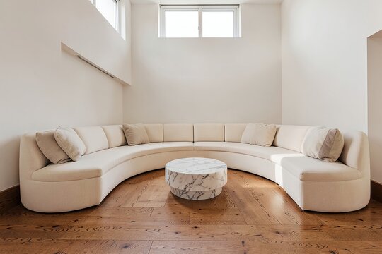 Architectural living room with curved sofa and sunken seating