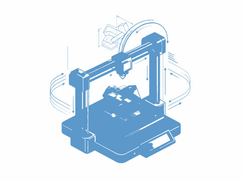 3D printer creating geometric object with technical blueprint lines and isometric view