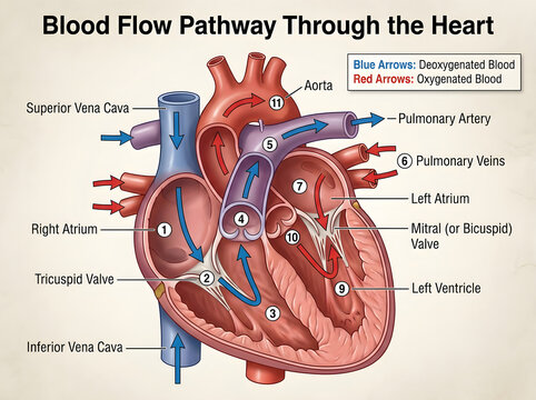Blood flow pathway through the human heart diagram isolated on white background