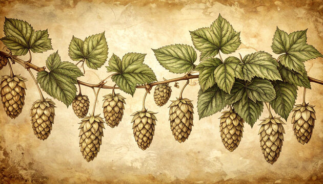 Hop vine with cones trailing horizontally in detailed vintage botanical engraving generative AI