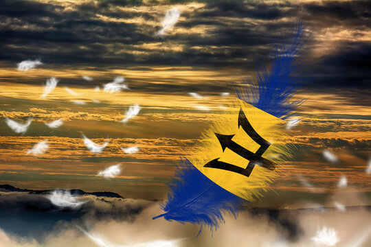 3D illustration. Flag of Barbados on a feathers fluttering in the sky background.