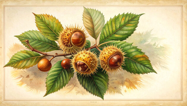 Sweet chestnut branch with spiny husks and glossy nuts in vintage chromolithograph plate generative AI