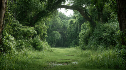 Fototapeta premium Lush green forest path with overgrown grass, dense foliage, natural archway, peaceful atmosphere, vibrant nature scene