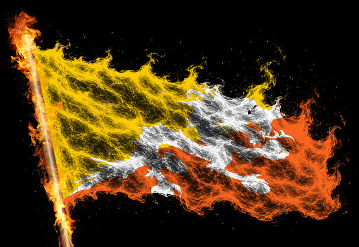 3D illustration. Flag of Bhutan on a flame.