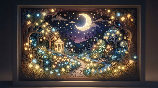 Illuminated glowing night scene inside a framed shadow box display with interior